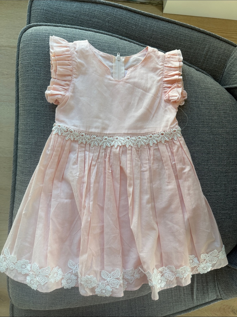 Popatu Light Pink Lace Trim Ruffled Cotton Sleeve Party Dress